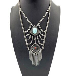 Vtg Boho Statement Necklace Blue & Red Accents Silvertone Chains Gypsy Goth